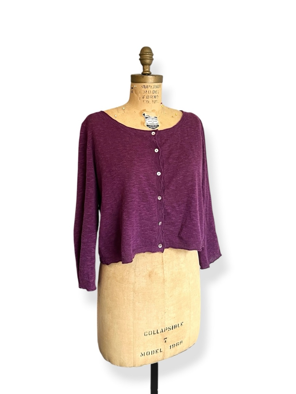 Eileen Fisher Linen & Cotton Purple Crop 3/4 Sleeve Classic Buttoned Cardigan - Picture 6 of 6